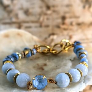 Light Blue Jade & Czech Picasso Beads W/ Swarovski Pendant In Blue Bracelet